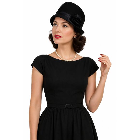 Vintage 1950s Black Wool Cloche Hat New York Creations Satin Rose Size 7 main image 8